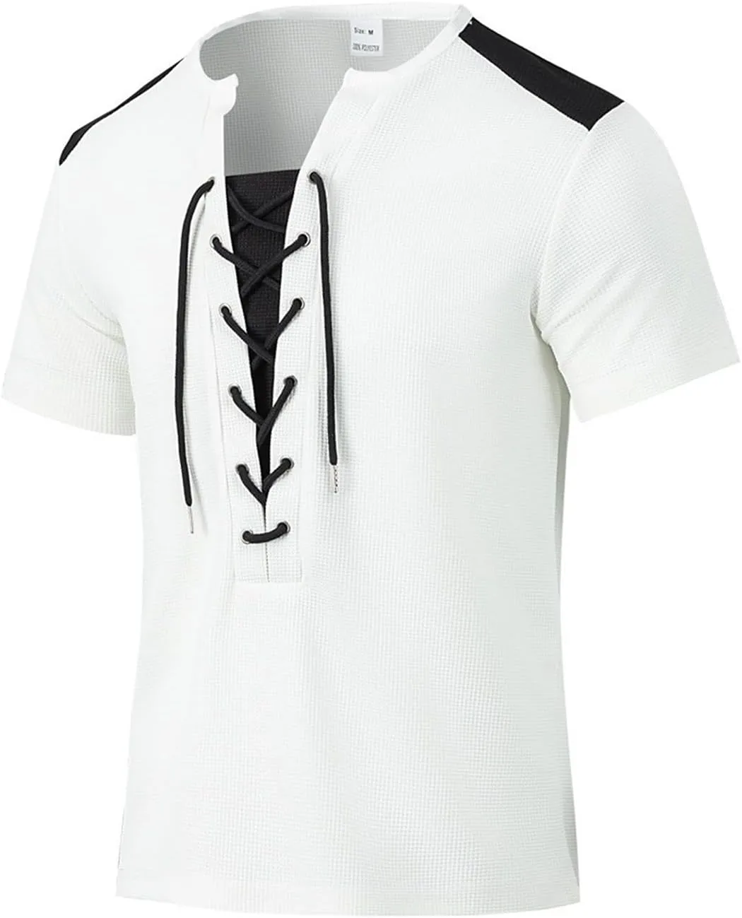 Mens Lace Up Renaissance Shirts Short Sleeve Color Block Viking Steampunk Pirate Shirt Retro Hippie Beach Tee Shirts