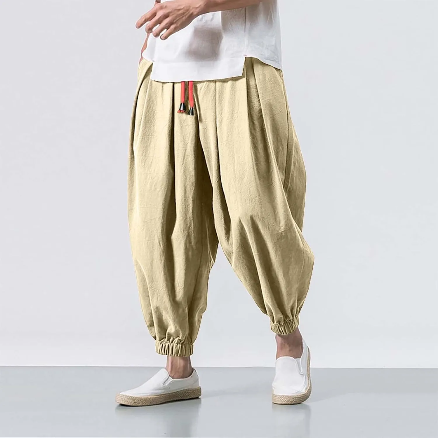 Mens Linen Harem Pants Elastic Waist Drawstring Casual Beach Yoga Crop Trousers Big and Tall Wide Leg Loose Sweatpant