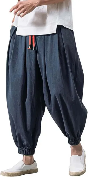Mens Linen Harem Pants Elastic Waist Drawstring Casual Beach Yoga Crop Trousers Big and Tall Wide Leg Loose Sweatpant