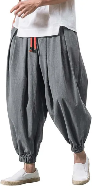 Mens Linen Harem Pants Elastic Waist Drawstring Casual Beach Yoga Crop Trousers Big and Tall Wide Leg Loose Sweatpant