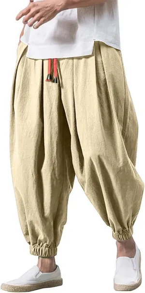 Mens Linen Harem Pants Elastic Waist Drawstring Casual Beach Yoga Crop Trousers Big and Tall Wide Leg Loose Sweatpant
