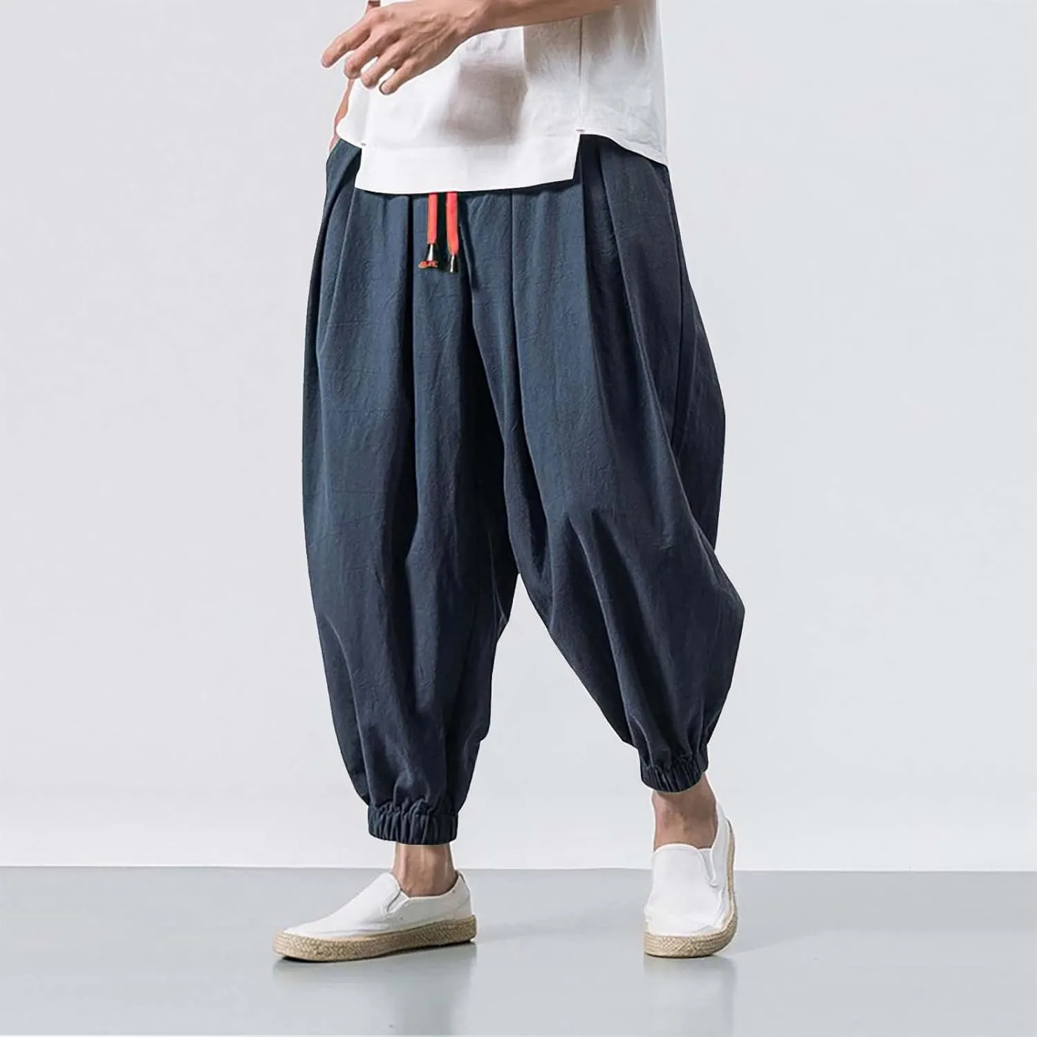 Mens Linen Harem Pants Elastic Waist Drawstring Casual Beach Yoga Crop Trousers Big and Tall Wide Leg Loose Sweatpant