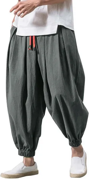 Mens Linen Harem Pants Elastic Waist Drawstring Casual Beach Yoga Crop Trousers Big and Tall Wide Leg Loose Sweatpant