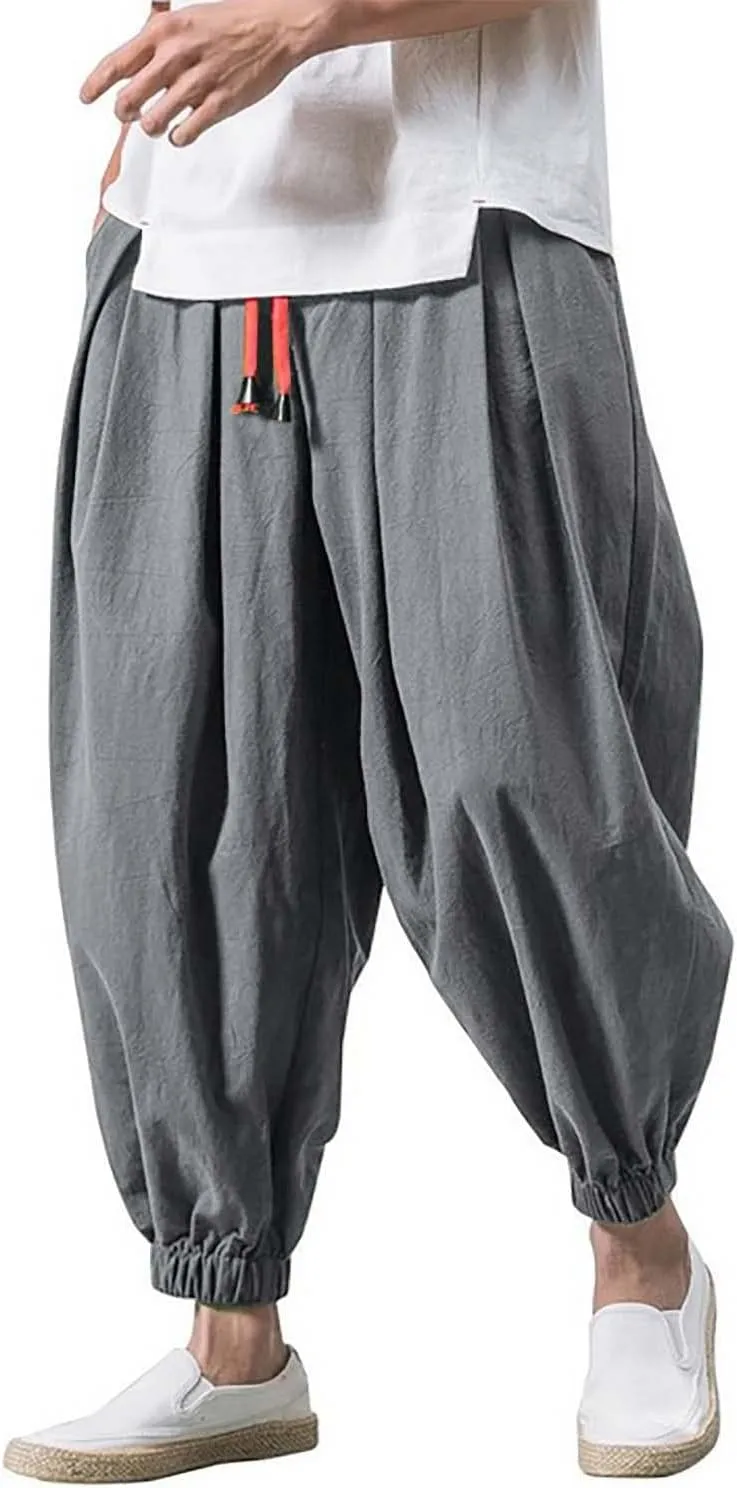 Mens Linen Harem Pants Elastic Waist Drawstring Casual Beach Yoga Crop Trousers Big and Tall Wide Leg Loose Sweatpant