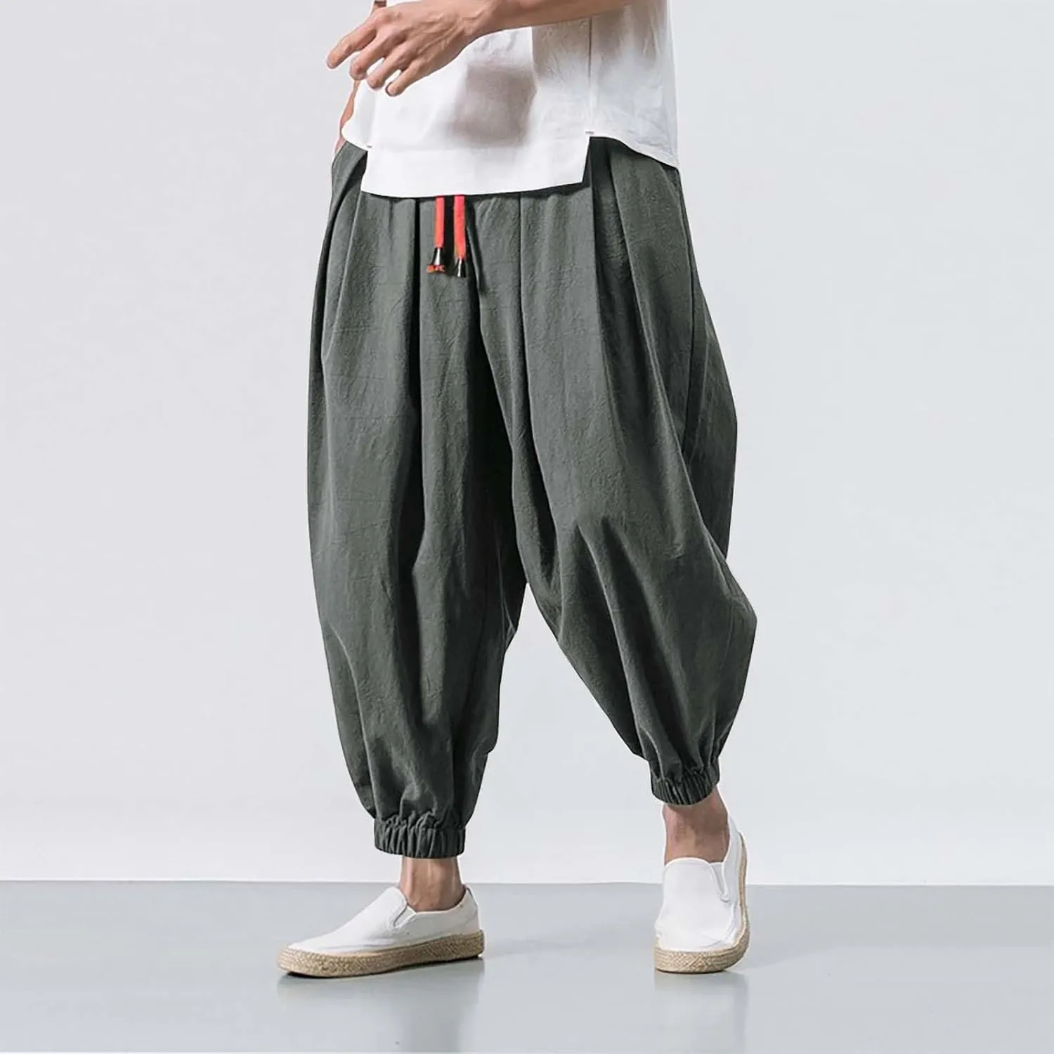 Mens Linen Harem Pants Elastic Waist Drawstring Casual Beach Yoga Crop Trousers Big and Tall Wide Leg Loose Sweatpant