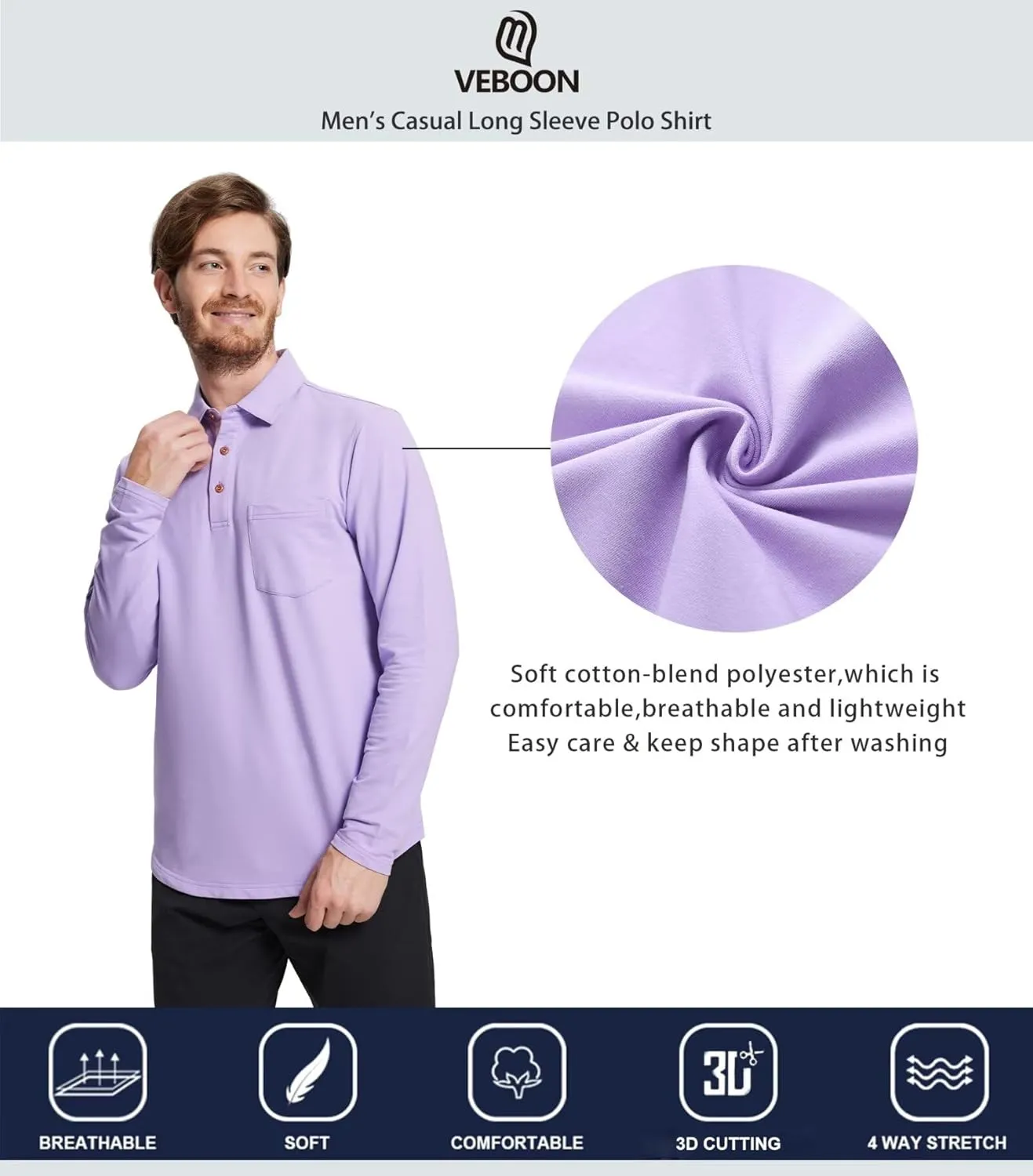 Mens Long and Short Sleeve Polo Shirts Pocket Casual Solid Cotton Blend Drop Cut Collared Polo Shirts for Men