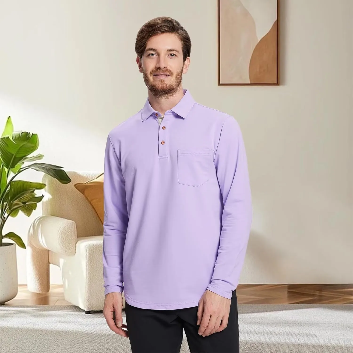 Mens Long and Short Sleeve Polo Shirts Pocket Casual Solid Cotton Blend Drop Cut Collared Polo Shirts for Men
