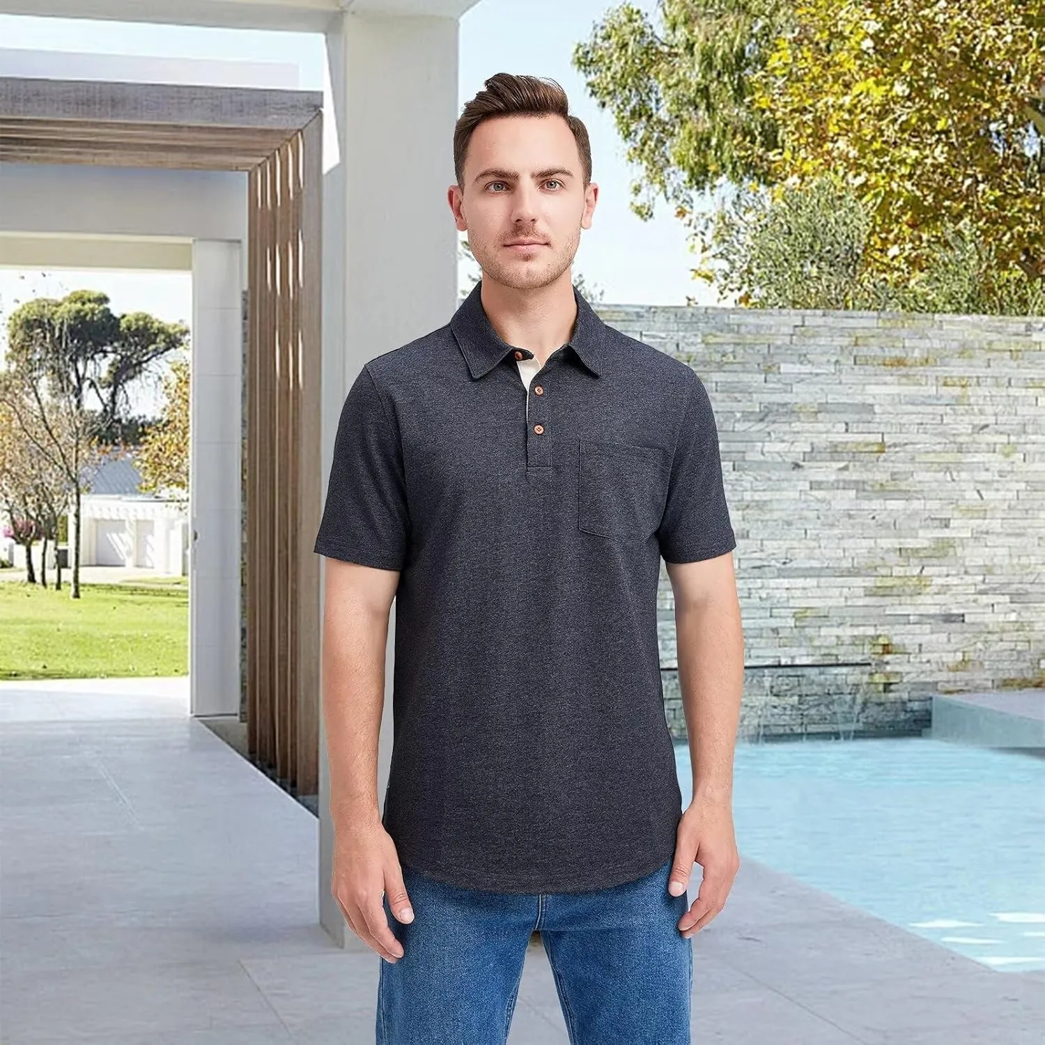 Mens Long and Short Sleeve Polo Shirts Pocket Casual Solid Cotton Blend Drop Cut Collared Polo Shirts for Men