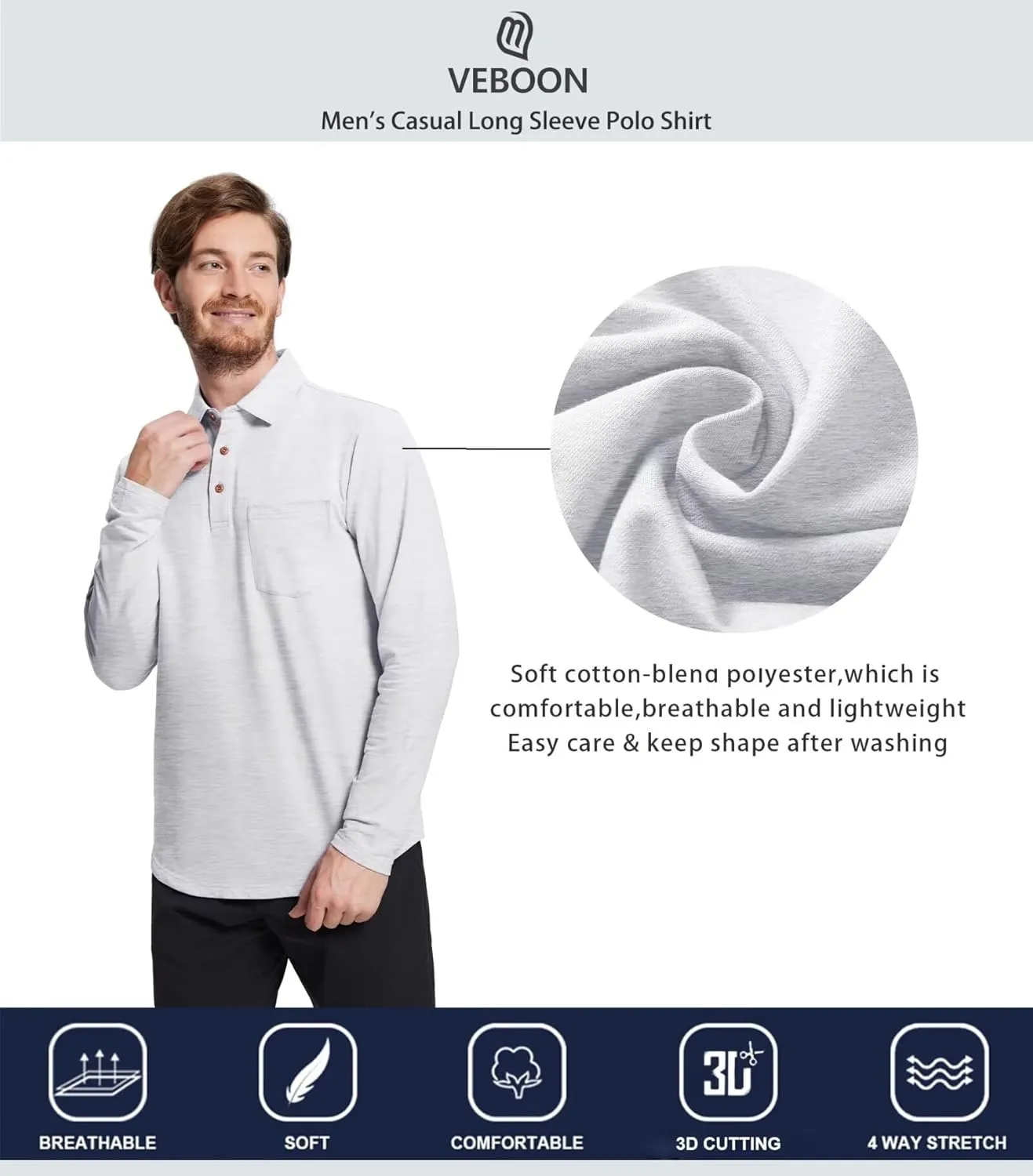 Mens Long and Short Sleeve Polo Shirts Pocket Casual Solid Cotton Blend Drop Cut Collared Polo Shirts for Men