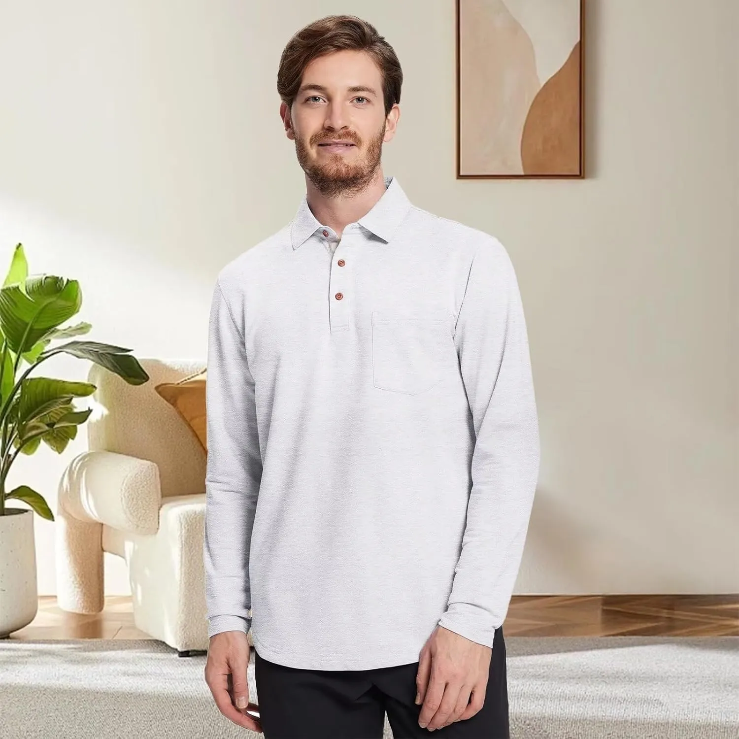 Mens Long and Short Sleeve Polo Shirts Pocket Casual Solid Cotton Blend Drop Cut Collared Polo Shirts for Men