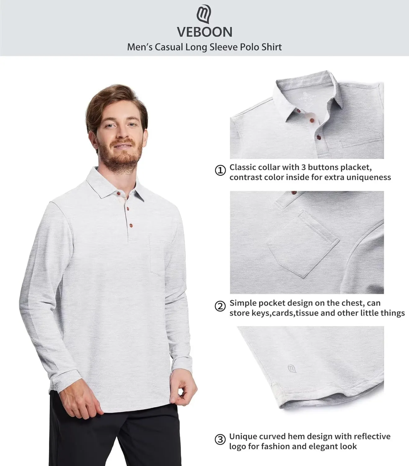 Mens Long and Short Sleeve Polo Shirts Pocket Casual Solid Cotton Blend Drop Cut Collared Polo Shirts for Men