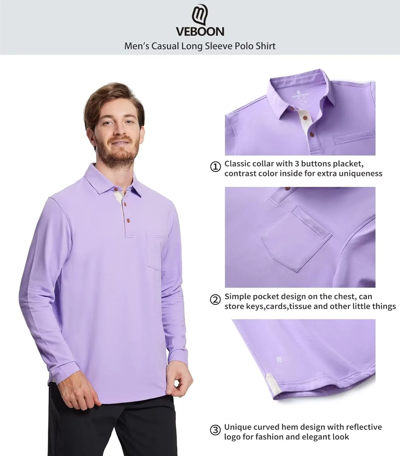 Mens Long and Short Sleeve Polo Shirts Pocket Casual Solid Cotton Blend Drop Cut Collared Polo Shirts for Men