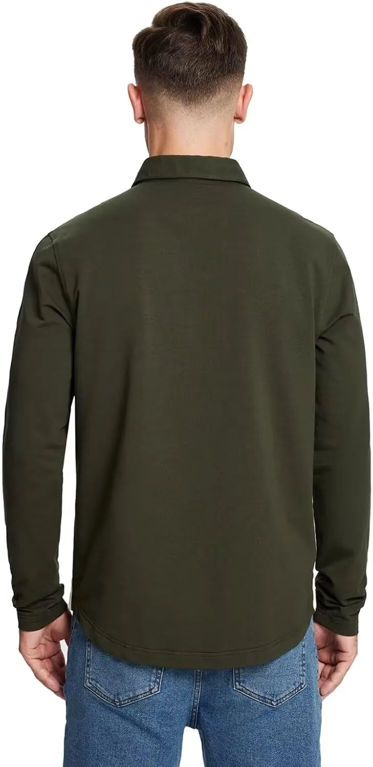 Mens Long and Short Sleeve Polo Shirts Pocket Casual Solid Cotton Blend Drop Cut Collared Polo Shirts for Men