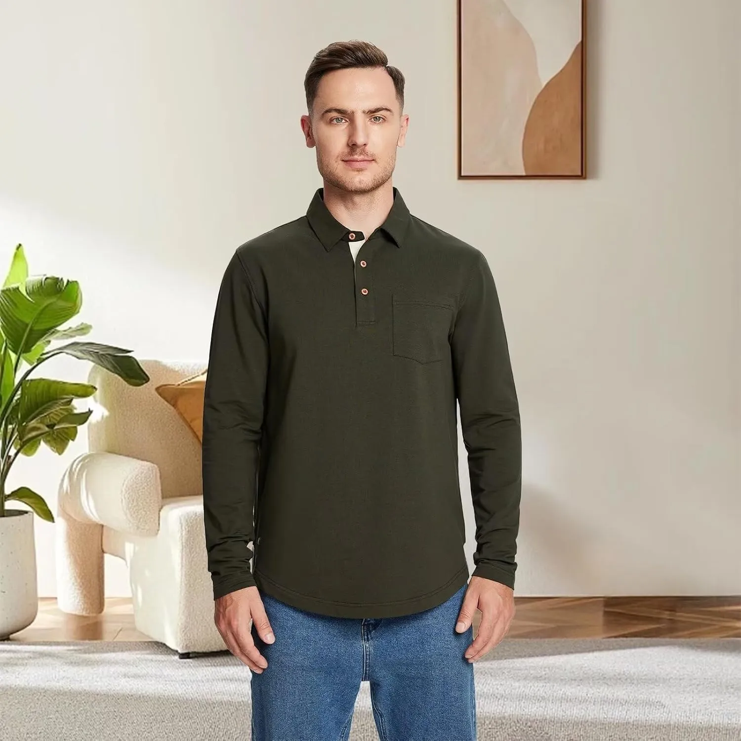 Mens Long and Short Sleeve Polo Shirts Pocket Casual Solid Cotton Blend Drop Cut Collared Polo Shirts for Men