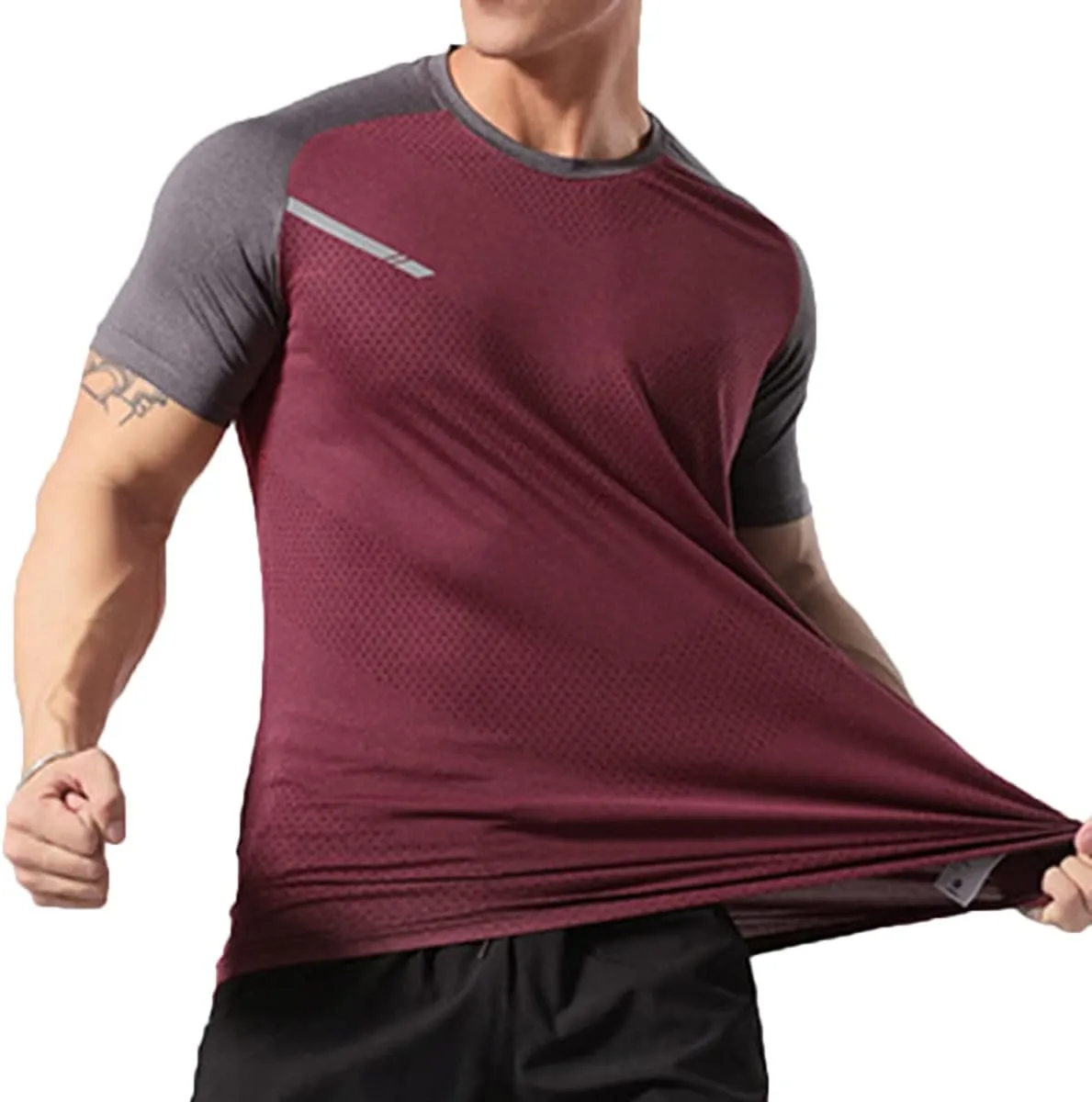 Mens Muscle Elastic Spandex Lightweight Workout Short Sleeve T-Shirts Gym Sweat Tee T61T62