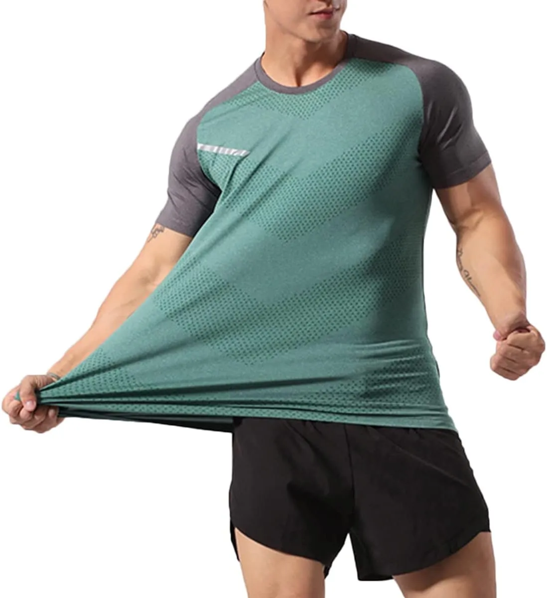 Mens Muscle Elastic Spandex Lightweight Workout Short Sleeve T-Shirts Gym Sweat Tee T61T62