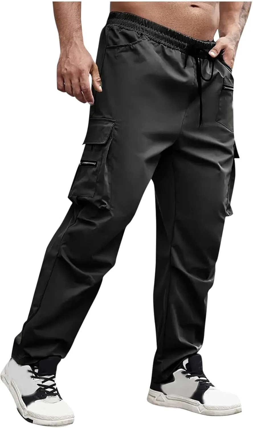 Mens Outdoor Cargo Pants Elastic High Waist Drawstring Summer Chinos Pants Straight Leg Tactical Trousers with Pocket