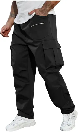 Mens Outdoor Cargo Pants Elastic High Waist Drawstring Summer Chinos Pants Straight Leg Tactical Trousers with Pocket