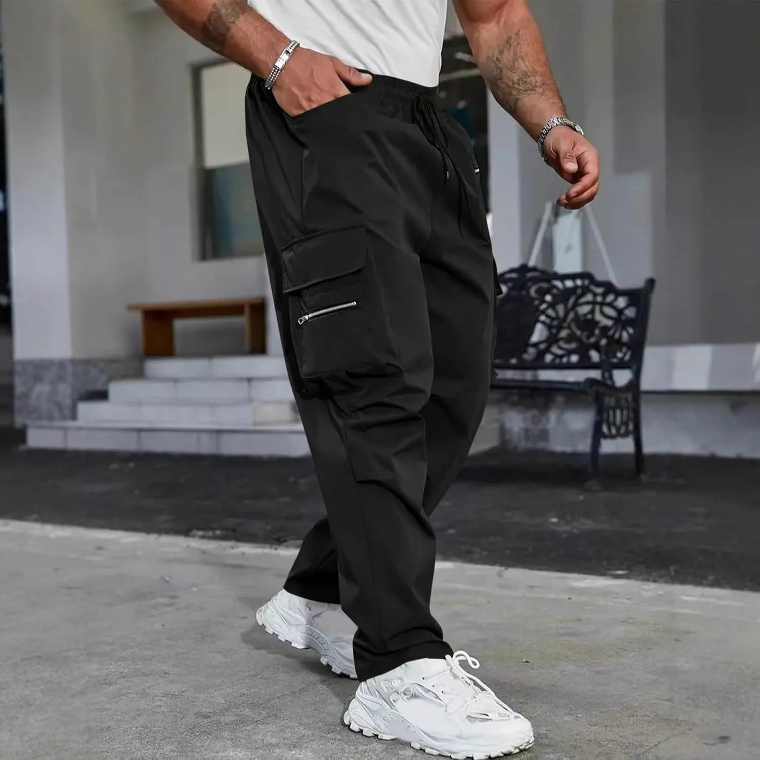 Mens Outdoor Cargo Pants Elastic High Waist Drawstring Summer Chinos Pants Straight Leg Tactical Trousers with Pocket