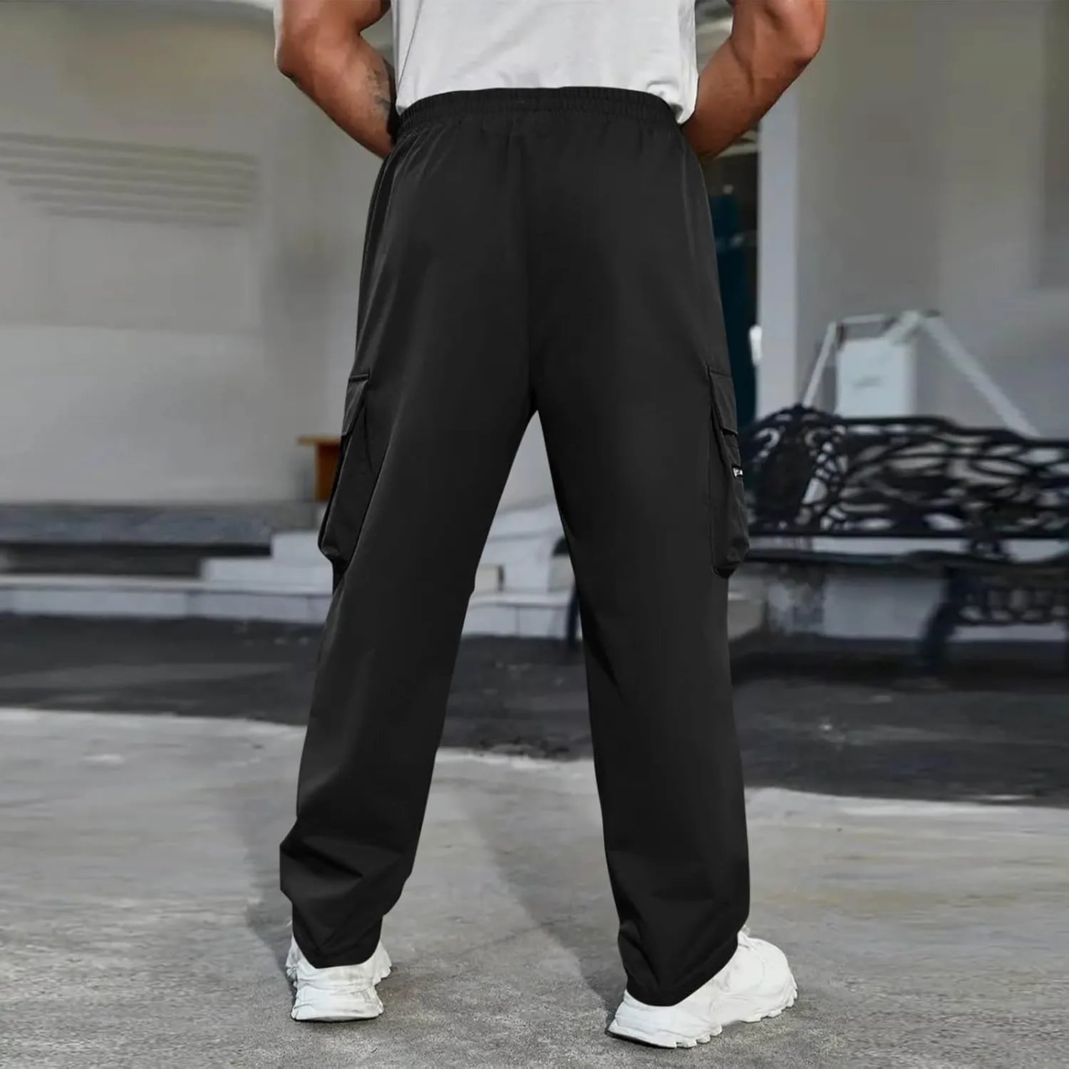 Mens Outdoor Cargo Pants Elastic High Waist Drawstring Summer Chinos Pants Straight Leg Tactical Trousers with Pocket