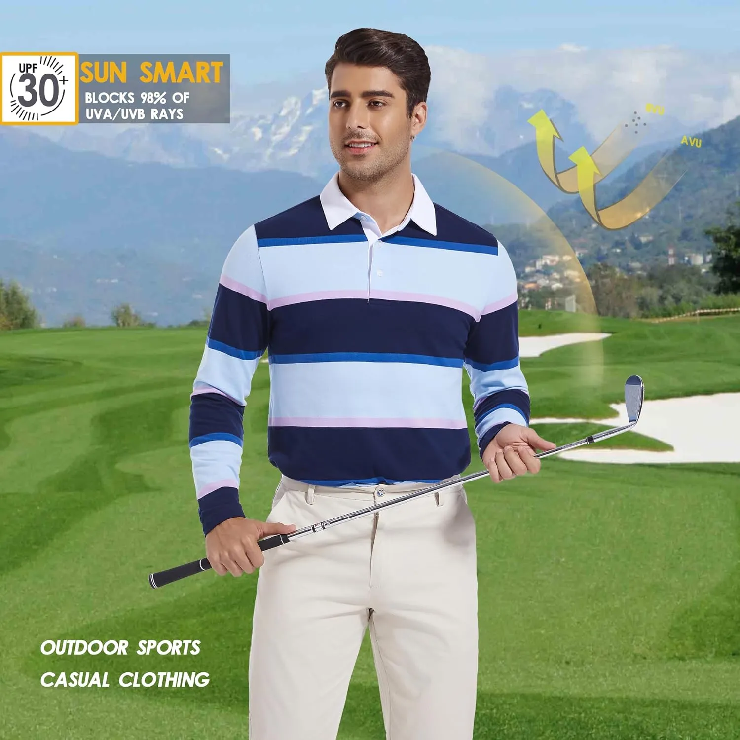 Men's Polo Shirts Long Sleeve Striped Dry Fit Casual Collared Pique Golf Polo Shirts for Mens