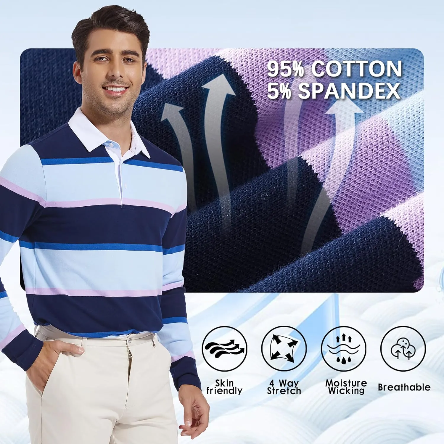 Men's Polo Shirts Long Sleeve Striped Dry Fit Casual Collared Pique Golf Polo Shirts for Mens