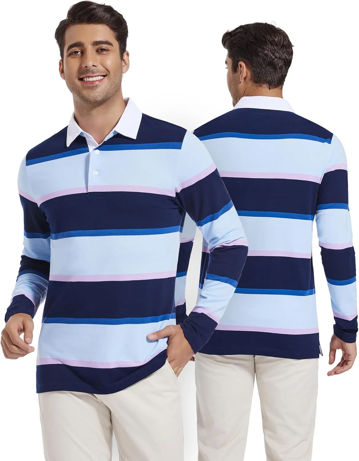 Men's Polo Shirts Long Sleeve Striped Dry Fit Casual Collared Pique Golf Polo Shirts for Mens