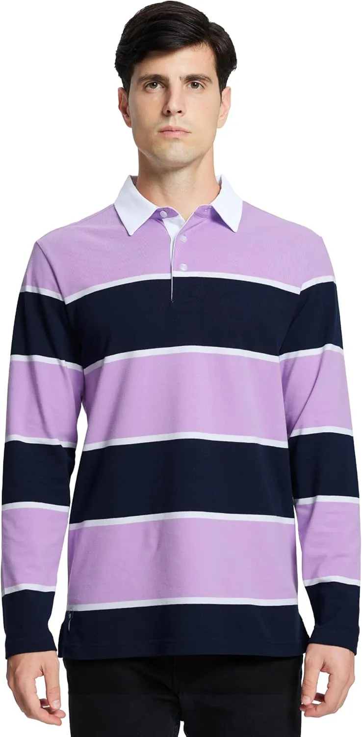 Men's Polo Shirts Long Sleeve Striped Dry Fit Casual Collared Pique Golf Polo Shirts for Mens