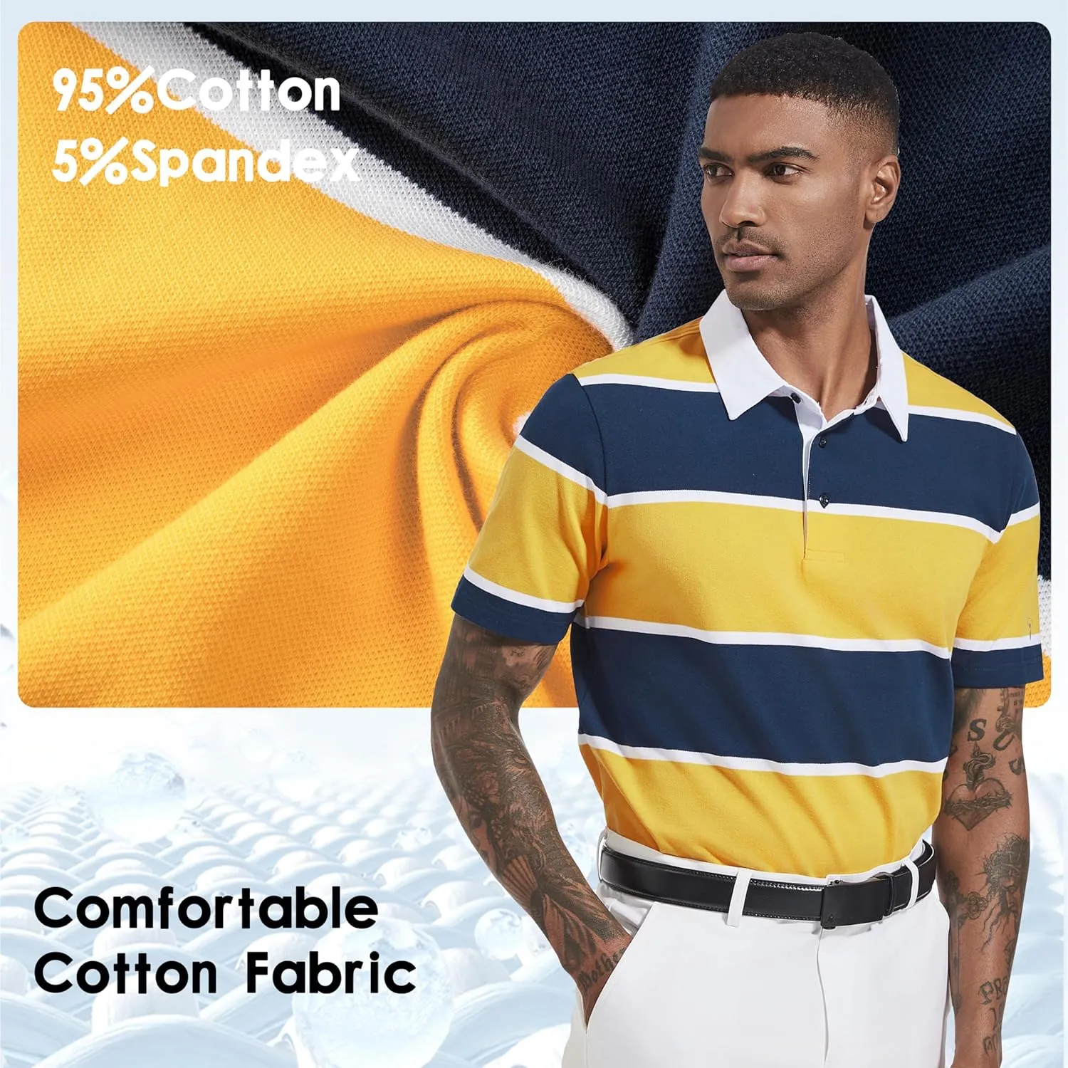 Men's Polo Shirts Long Sleeve Striped Dry Fit Casual Collared Pique Golf Polo Shirts for Mens