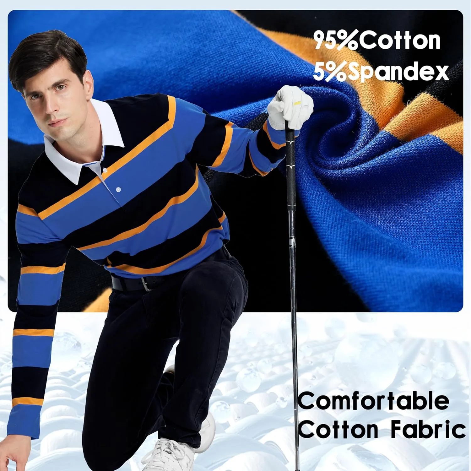 Men's Polo Shirts Long Sleeve Striped Dry Fit Casual Collared Pique Golf Polo Shirts for Mens