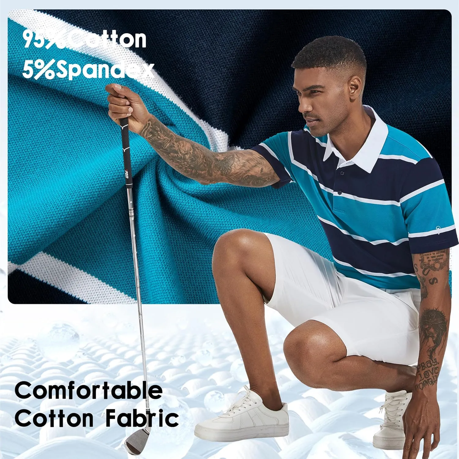 Men's Polo Shirts Long Sleeve Striped Dry Fit Casual Collared Pique Golf Polo Shirts for Mens