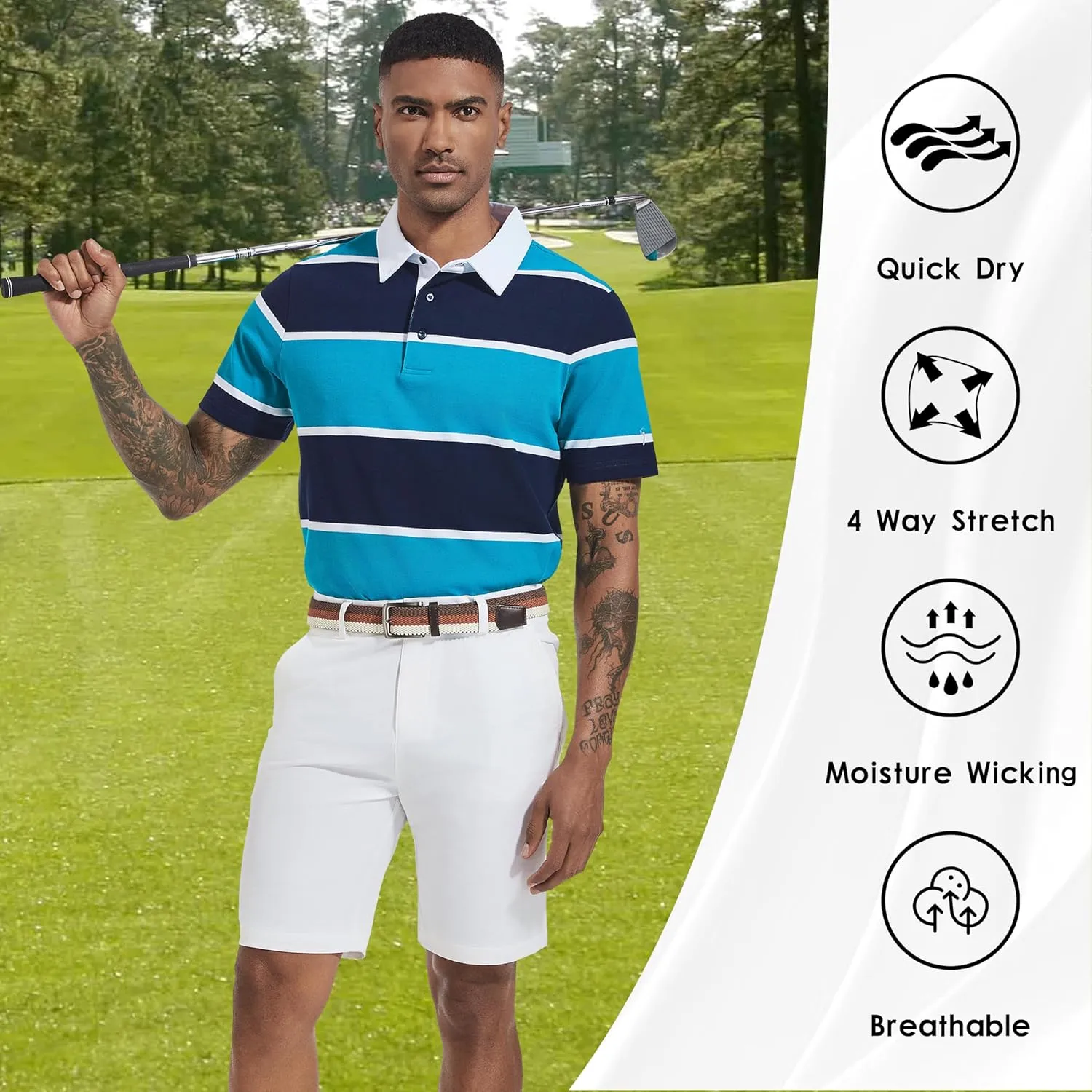 Men's Polo Shirts Long Sleeve Striped Dry Fit Casual Collared Pique Golf Polo Shirts for Mens