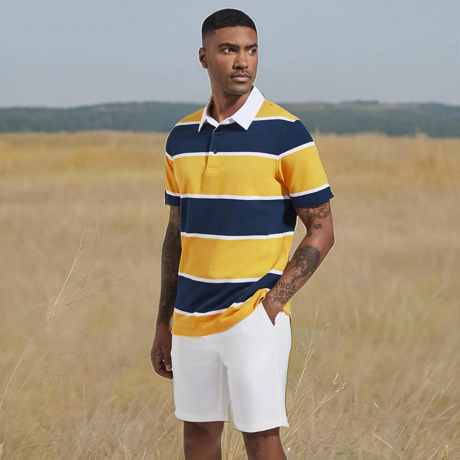 Men's Polo Shirts Long Sleeve Striped Dry Fit Casual Collared Pique Golf Polo Shirts for Mens
