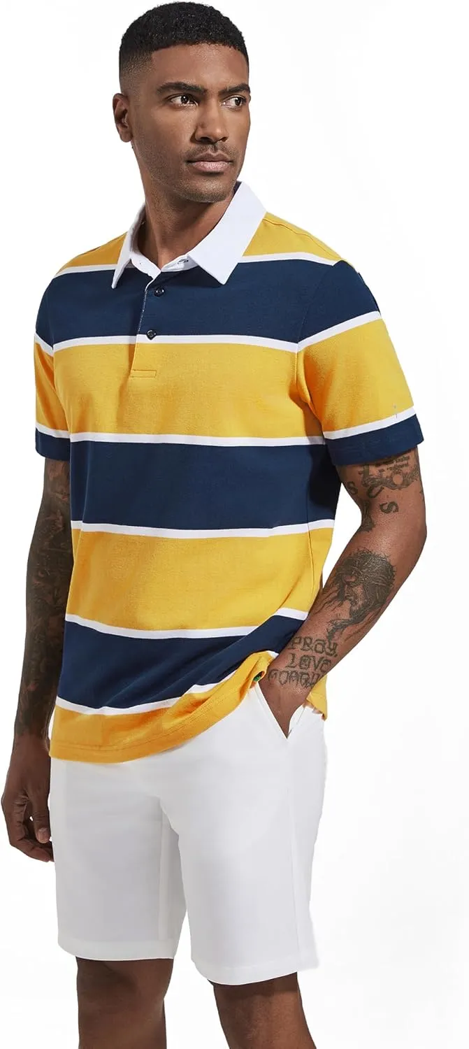 Men's Polo Shirts Long Sleeve Striped Dry Fit Casual Collared Pique Golf Polo Shirts for Mens