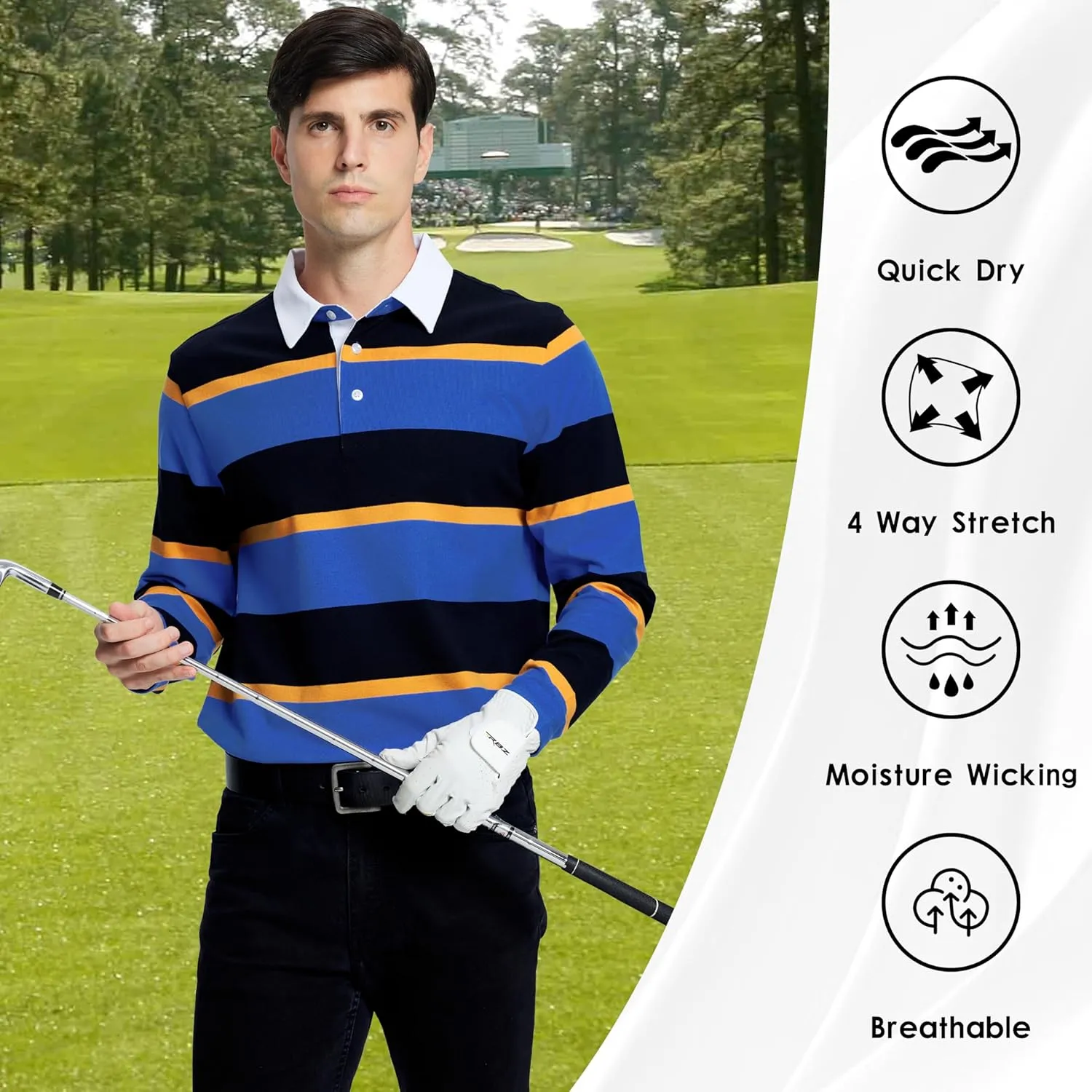 Men's Polo Shirts Long Sleeve Striped Dry Fit Casual Collared Pique Golf Polo Shirts for Mens