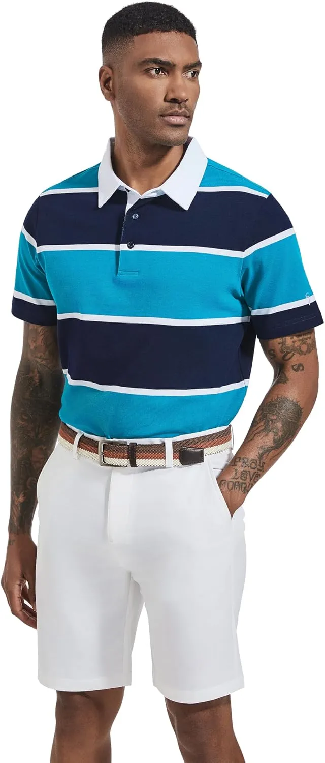 Men's Polo Shirts Long Sleeve Striped Dry Fit Casual Collared Pique Golf Polo Shirts for Mens