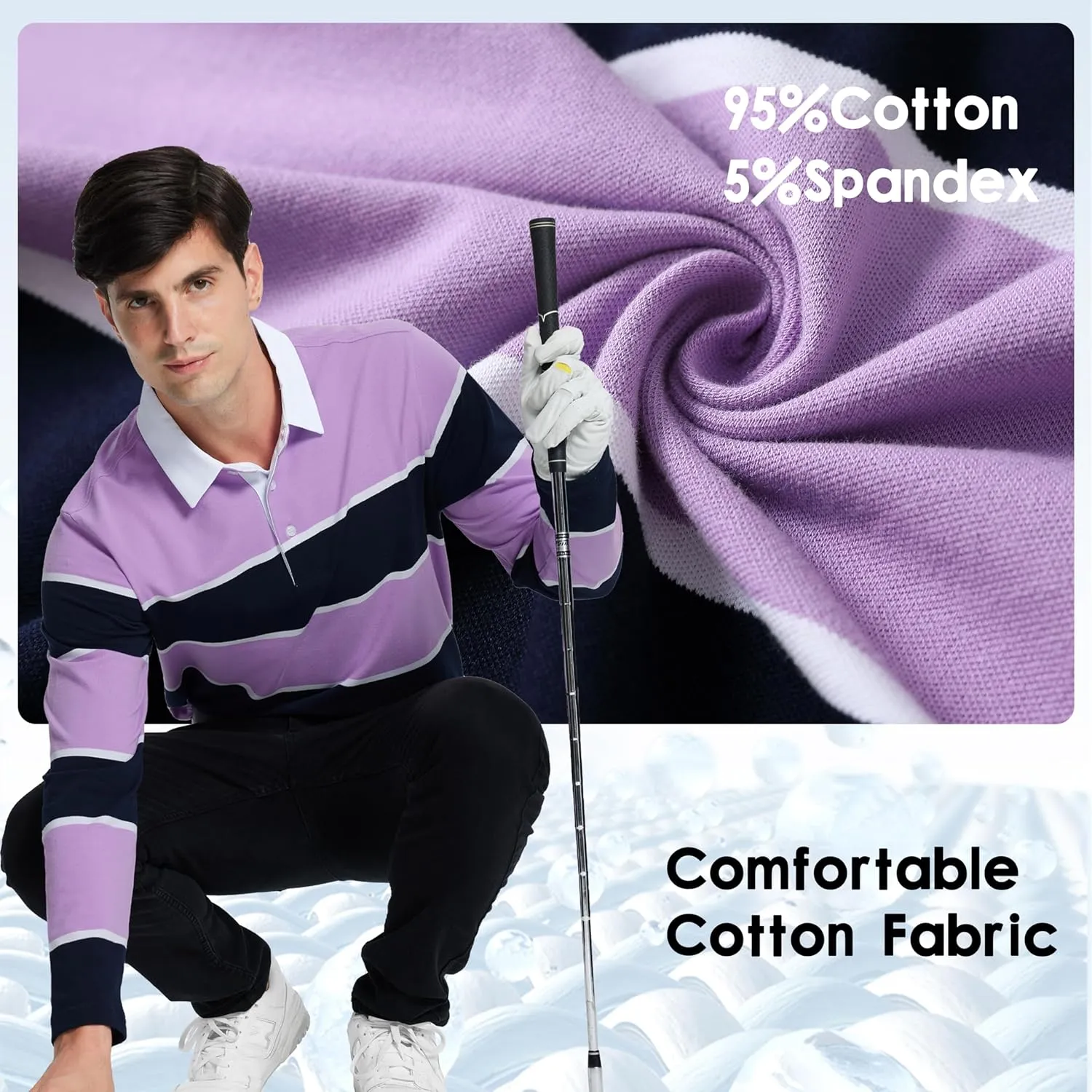 Men's Polo Shirts Long Sleeve Striped Dry Fit Casual Collared Pique Golf Polo Shirts for Mens