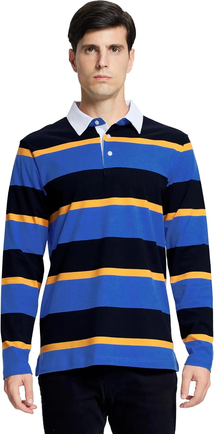 Men's Polo Shirts Long Sleeve Striped Dry Fit Casual Collared Pique Golf Polo Shirts for Mens