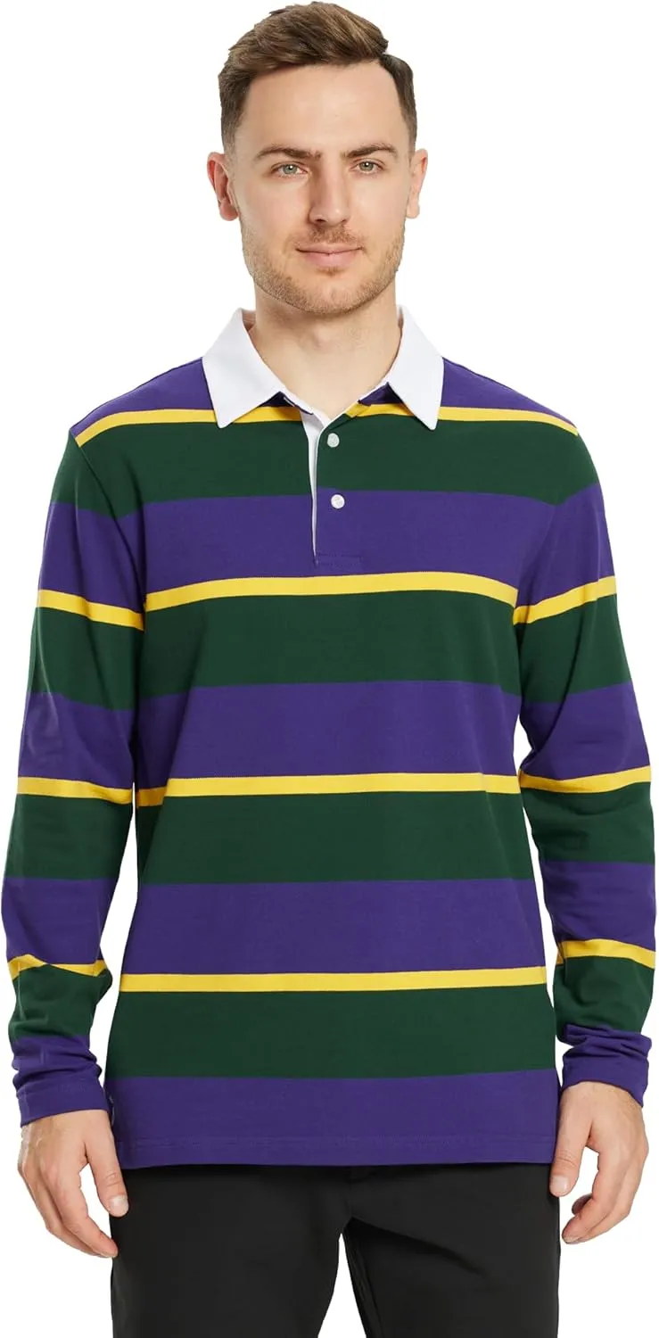 Men's Polo Shirts Long Sleeve Striped Dry Fit Casual Collared Pique Golf Polo Shirts for Mens