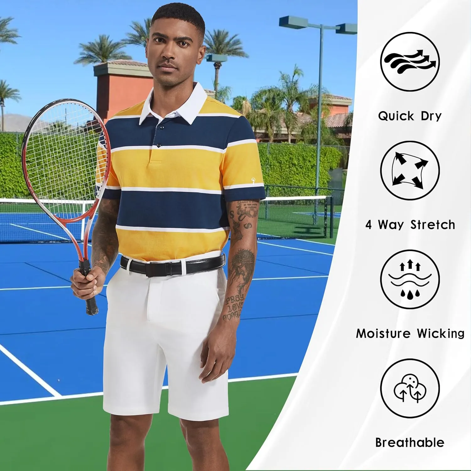 Men's Polo Shirts Long Sleeve Striped Dry Fit Casual Collared Pique Golf Polo Shirts for Mens