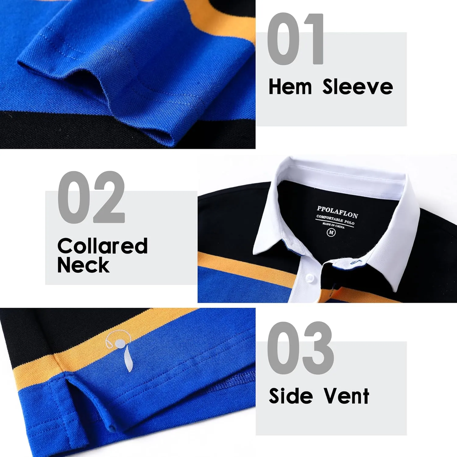 Men's Polo Shirts Long Sleeve Striped Dry Fit Casual Collared Pique Golf Polo Shirts for Mens