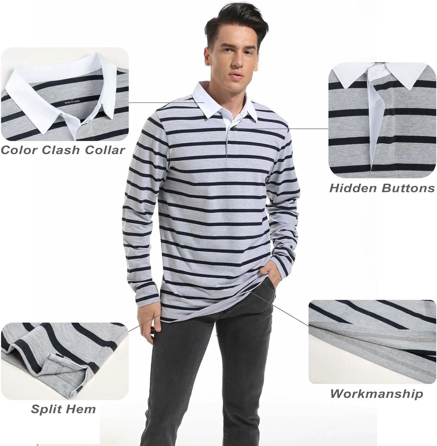 Mens Polo Shirts Striped Cotton Moisture Wicking Classic Collared Casual Golf Shirts for Men