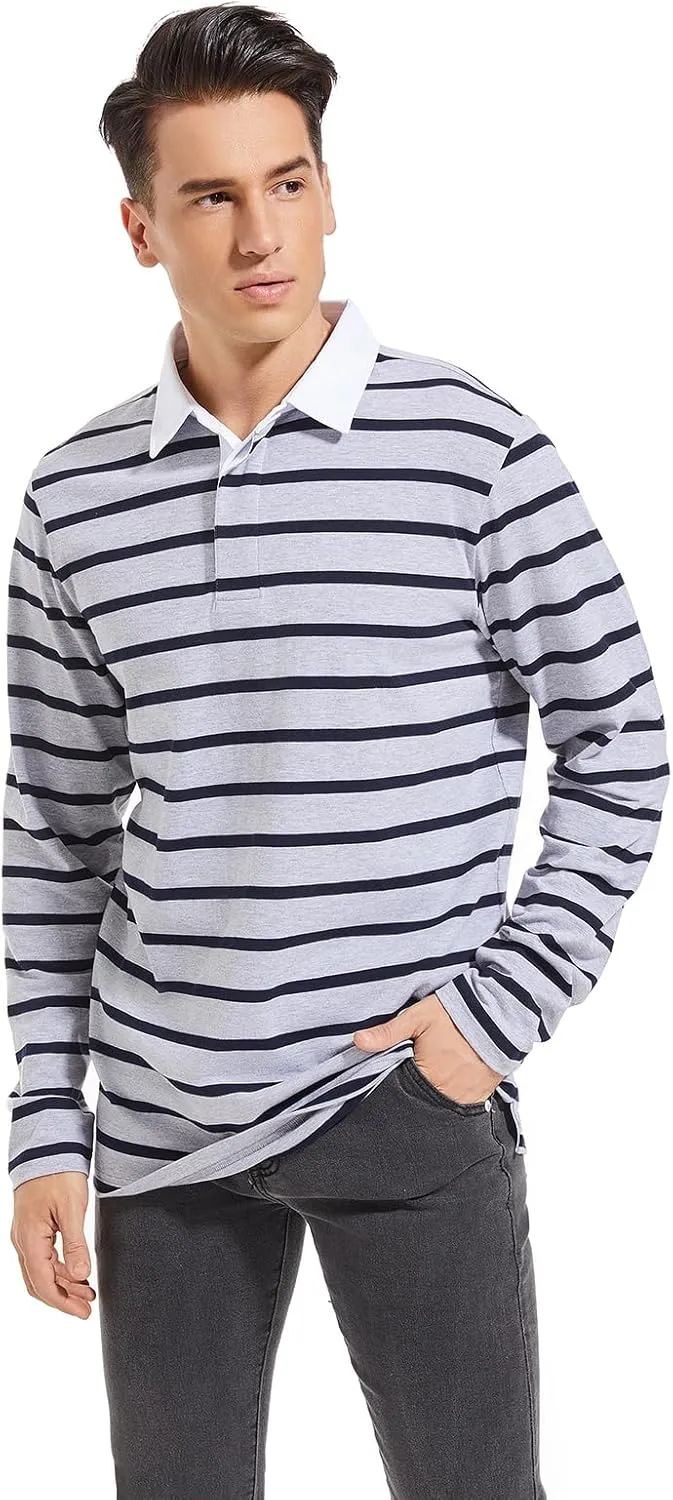 Mens Polo Shirts Striped Cotton Moisture Wicking Classic Collared Casual Golf Shirts for Men