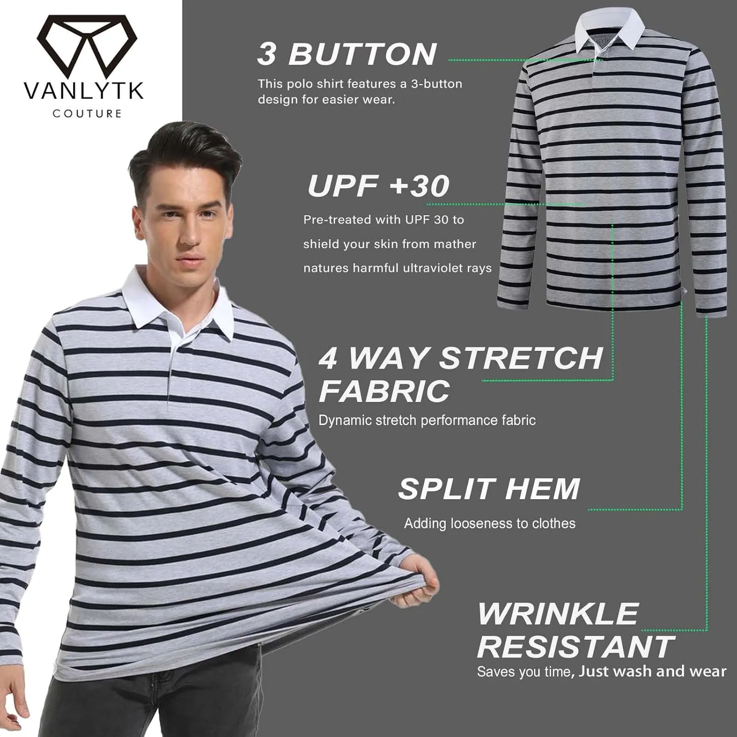 Mens Polo Shirts Striped Cotton Moisture Wicking Classic Collared Casual Golf Shirts for Men