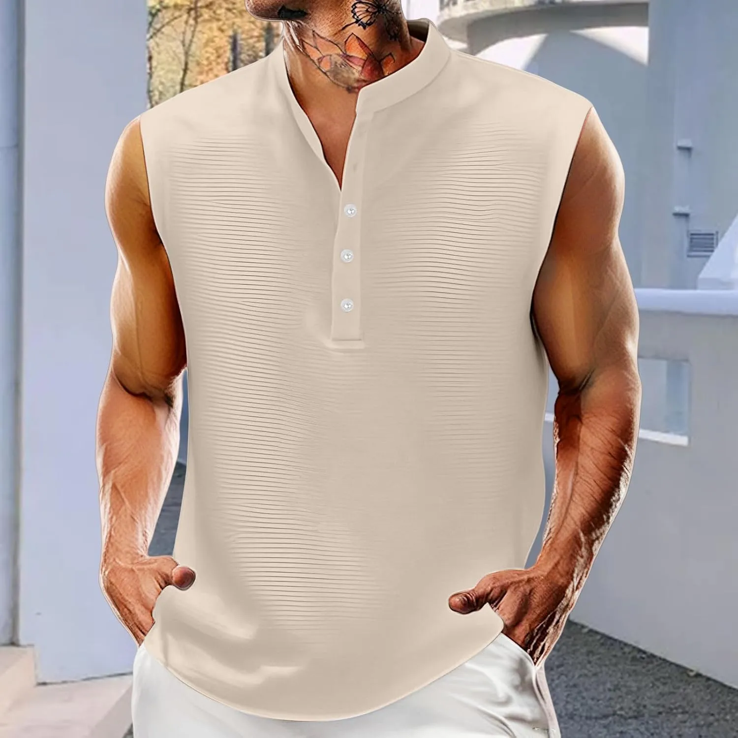 Men's Sleeveless T Shirts Casual Solid Color Tank Tops Quarter Button Stand Collar Top Lightweight Muscle Slim Shirts