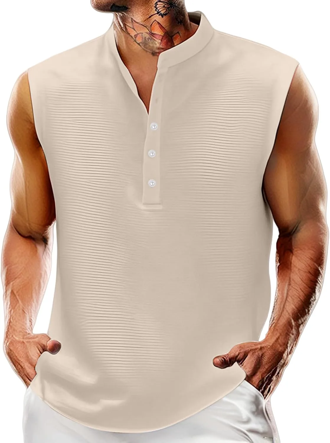Men's Sleeveless T Shirts Casual Solid Color Tank Tops Quarter Button Stand Collar Top Lightweight Muscle Slim Shirts