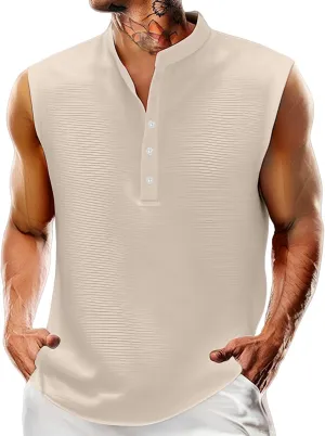 Men's Sleeveless T Shirts Casual Solid Color Tank Tops Quarter Button Stand Collar Top Lightweight Muscle Slim Shirts