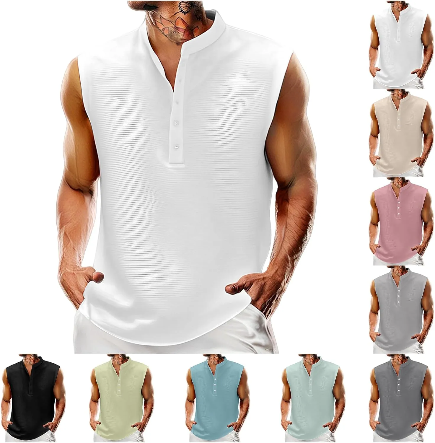 Men's Sleeveless T Shirts Casual Solid Color Tank Tops Quarter Button Stand Collar Top Lightweight Muscle Slim Shirts