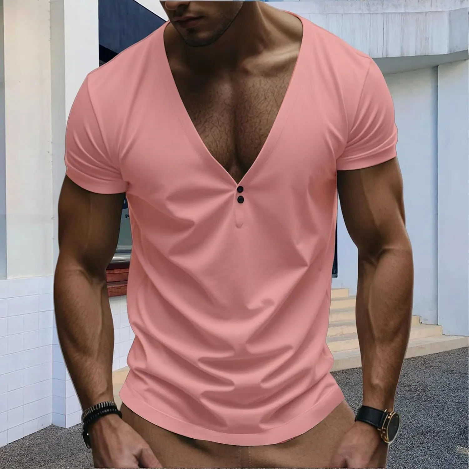 Mens Slim Fit Workout Shirts Deep V Neck Quick Dry Moisture Wicking Short Sleeve Athletic T-Shirts Summer Muscle Tees