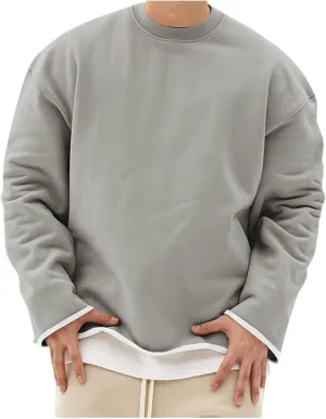 Mens Solid Color Crewneck Long Sleeve T-Shirt Oversized Casual Pullover Top Loose Fit Comfy Shirts Y2k Streetwear